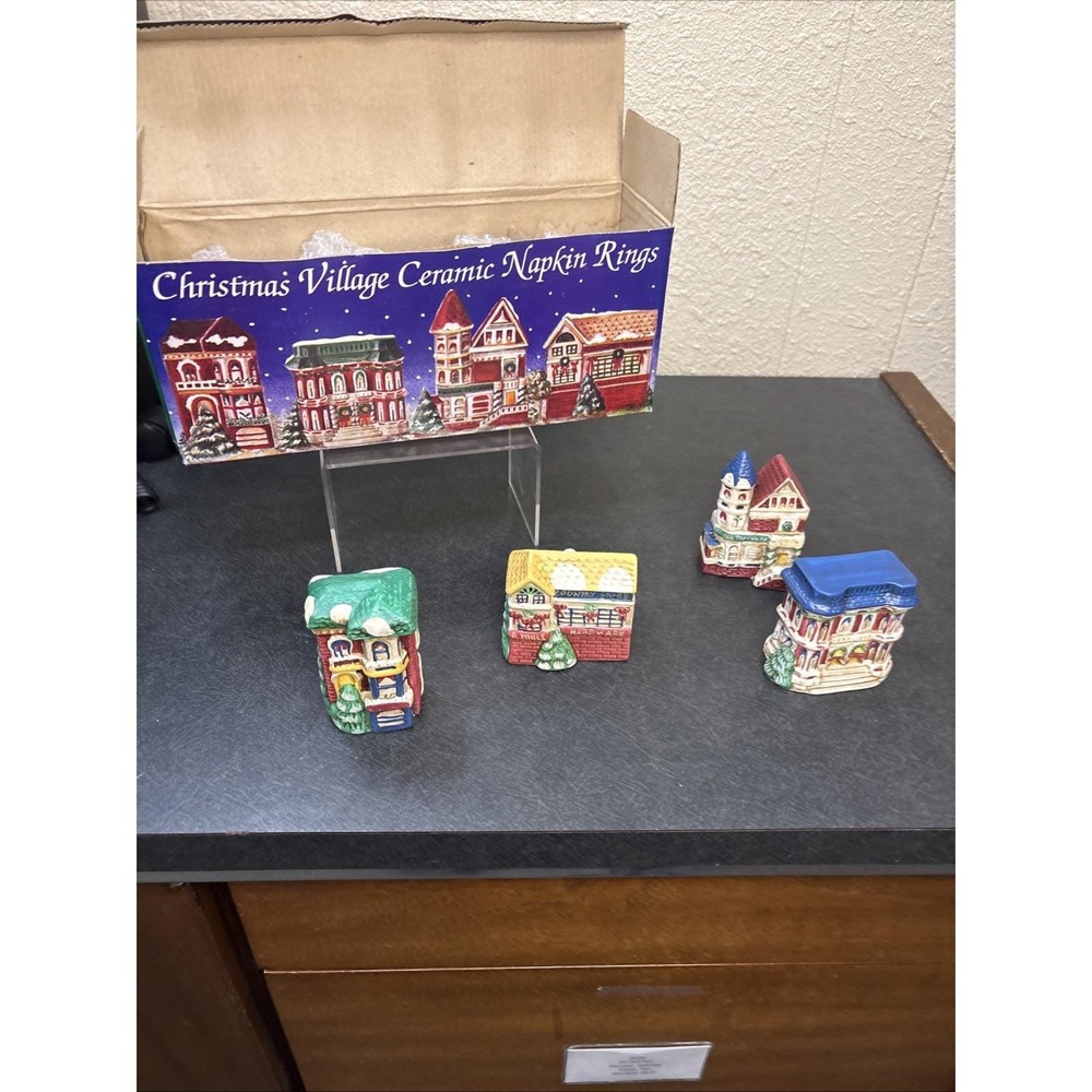 Vtg~Set Of 4~Christmas Village Ceramic Napkin Ring~Holiday Houses~IOB